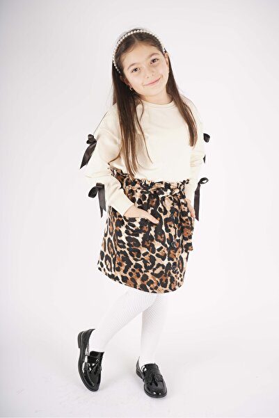 MİNİKO KİDS Girl's Leopard Pocket Model Skirted Sleeve Detail Suit