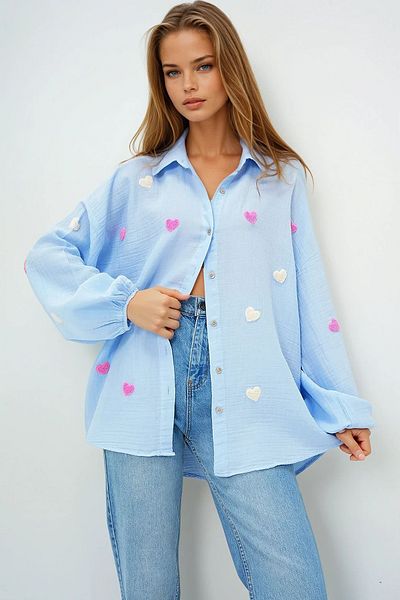VAGGON Cămașă de in oversize albastru baby pentru femei Prmx13791