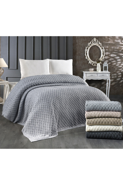 Evlen Home Knitwear Acrylic Knitted Blanket Double 220 X 240 cm Bedspread Pique Poly Gray