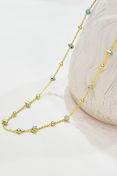 Papatya Silver 925 Ayar Gümüş Gold Kaplama Firuze Mineli Göz Top Zincir Kolye