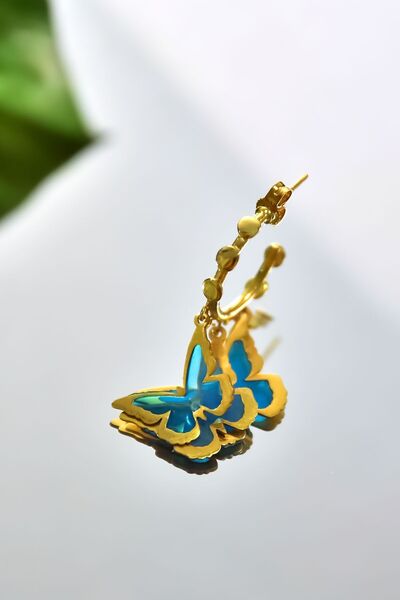 Papatya Silver 925 Ayar Gümüş Gold Kaplama Tekli Parlayan Rüya Serisi Tasarım Ebruli Cam Boyalı Üçlü Kelebek Küpe