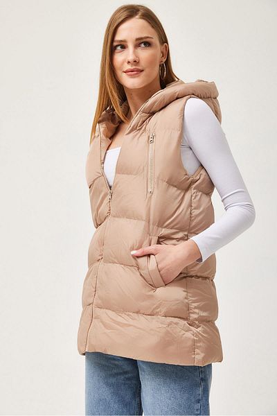 CALİENTE Hooded Zippered Puffer Vest Beige