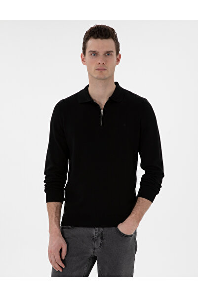 Pierre Cardin Black Slim Fit Zippered Polo Neck Wool Blend Basic Knitwear Sweater 50312570-Vr046