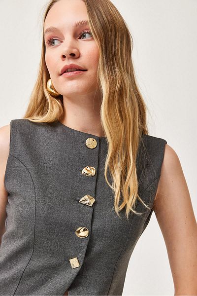 CALİENTE Different Button Detailed Lined Stitching Detailed Vest Smoked
