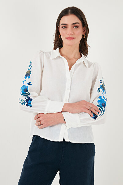 Lela Cămașă din bumbac cu mâneci cu bule de aer, cu croială normală, cu broderie florală CAMISA 611GO003