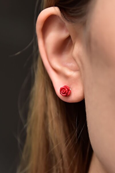 Papatya Silver 925 Ayar Gümüş Altın Kaplama Mercan Kırmızı Gül Küpe