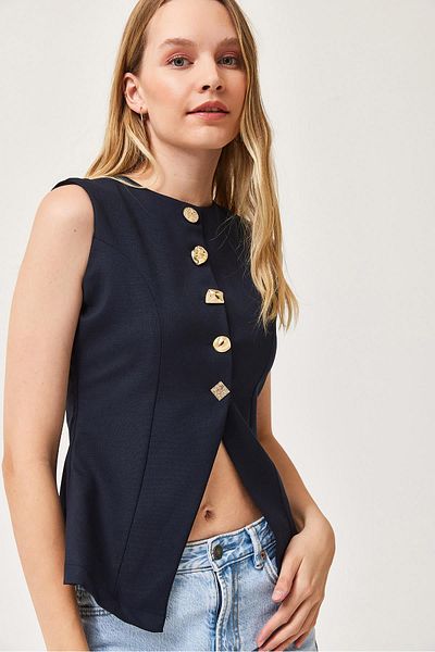 CALİENTE Different Button Detailed Lined Stitching Detailed Vest Navy Blue