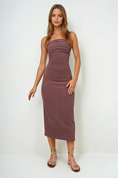 VAGGON Καφέ τυλιγμένο ύφασμα, φόρεμα στράπλες με κορδόνι στο πλάι Prmx13413