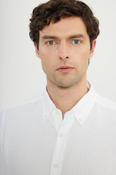 ALTINYILDIZ CLASSICS Men's White Slim Fit Slim Fit Button Collar Dobby Seersucker Patterned Shirt