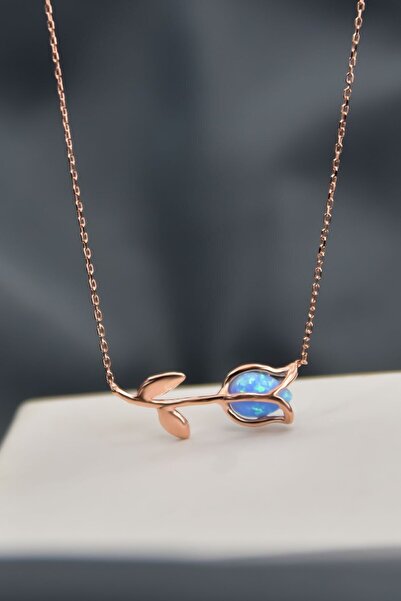 İstanbul Takı 925 Ayar Gümüş Rose Kaplama Mavi Opal Taşlı Lale Kolye