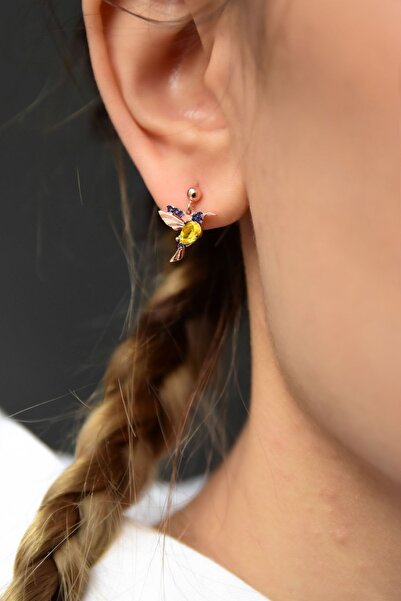 Papatya Silver 925 Ayar Gümüş Rose Kaplama Sarı Mor Taşlı Çivili Kuş Küpe