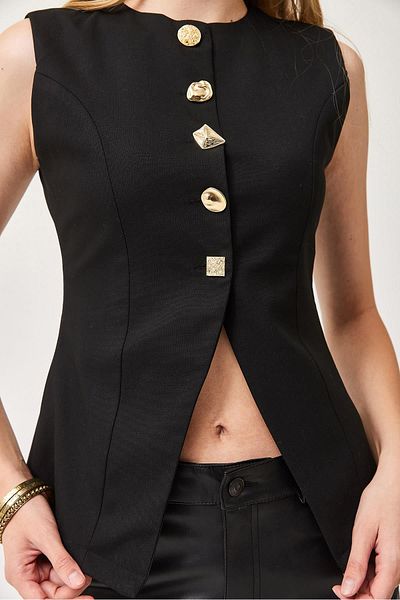 CALİENTE Lined Sewing Detailed Vest with Different Button Details Black