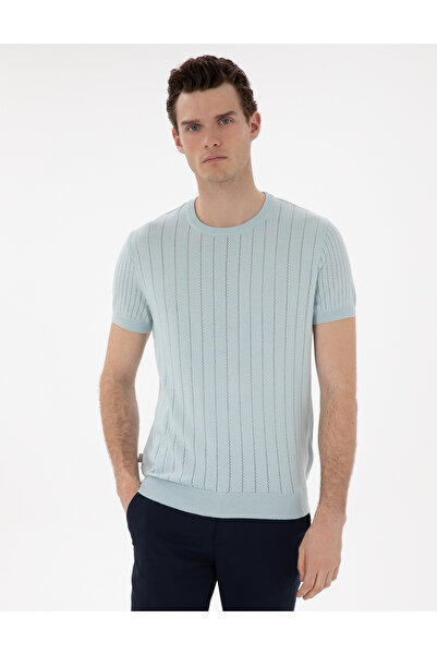 Pierre Cardin Su Yeşili Keten Karışımlı Regular Fit Bisiklet Yaka Triko Tişör...