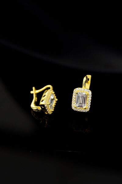 Papatya Silver 925 Ayar Gümüş Altın Kaplama Baget Taşlı Küpe