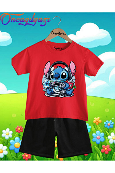 oneagılyazı GAMER STİTCH B Štampano O Oversize kroj Dječje šortseve T T-shirt...
