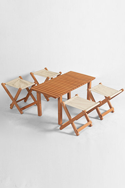 Meya Dekor Kamp karavan piknik balkon bahçe ahşap sehpalı tabure seti 4+1