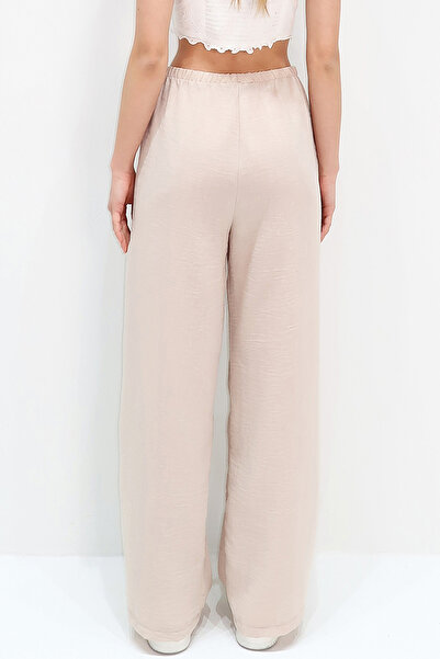 VAGGON Women's Beige Double Pocket Elastic Waist Linen Wide Leg Pants Prmx13768