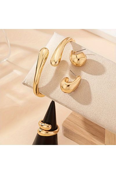 Choice Golden Punk Simple Water Drop Shaped Open Spring Bracelet Women's Fashion Smooth Water Drop Ring Ear