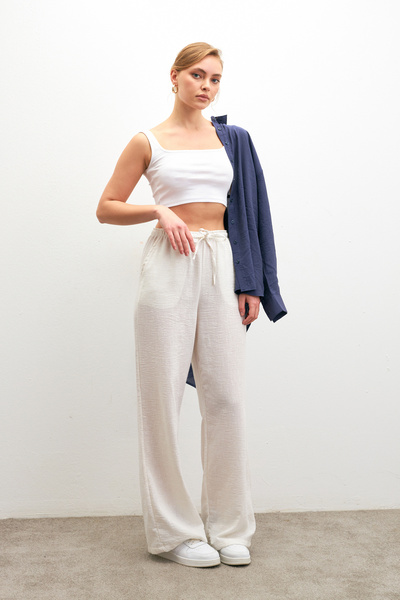 Yefrastore Beli Lan Mješoviti širok kroj Pantaloni