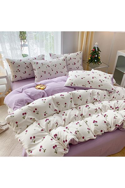 Choice طقم 3 قطع مطبوع عليه زهور نباتية على شكل قلب من الكرز الطازج، مقاس 150*200 سم، مع غطاء لحاف وزوج من اللحاف