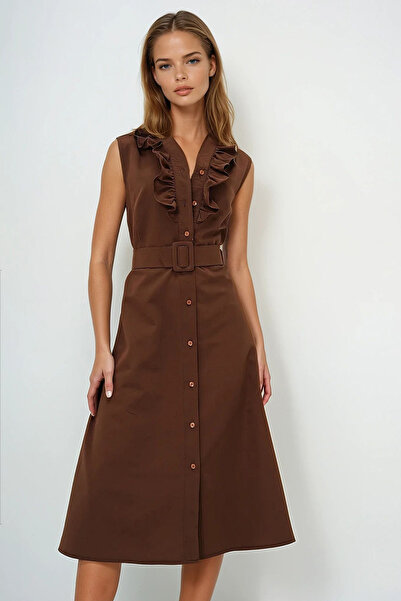 VAGGON Γυναικείο ποπλίνα υφαντό φόρεμα με βολάν μπροστά με ζώνη Prmx11609