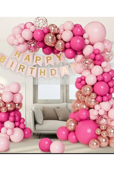 Çemrek Süs Parti Pink Fuchsia Transparent Sequin Rose Chrome Balloon Chain Set 100Pcs