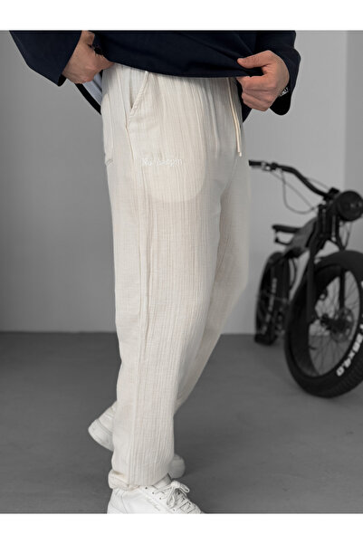 BYBASICMAN Beige Embroidered Muslin Fabric Trousers Yp-4012