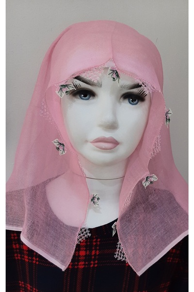 El Emeği 2 Taraf İğne Oyalı Baş Örtüsü En-Boy 76cm Pembe Renk