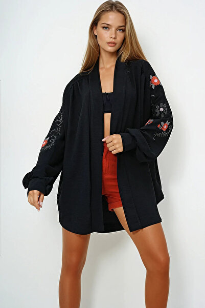VAGGON Women's Black Shawl Collar Kimono Jacket with Embroidery Detail on Sleeves and Back Prmx10026