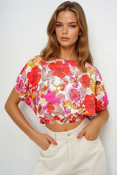 VAGGON Women Coral Boat Neck Flower Pattern Woven Blouse Prmx13795