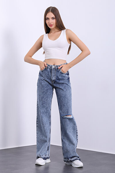 By Caspita Fashion Kadın Yüksek Bel Dizi Yırtık Mavi Kar Yıkama Palazzo Jean