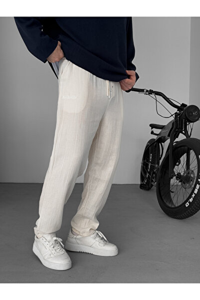 BYBASICMAN Beige Embroidered Muslin Fabric Trousers Yp-4012