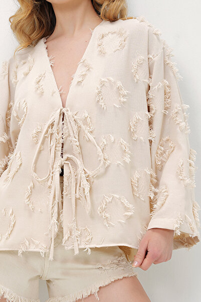 VAGGON Γυναικείο μπεζ με λαιμόκοψη V με φούντα με λεπτομέρεια καλοκαιρινό λινό μπουφάν Prmx13793