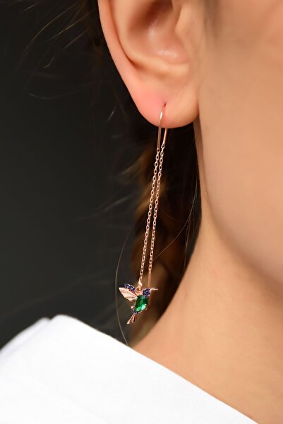 Papatya Silver 925 Ayar Gümüş Rose Kaplama Yeşil Mor Taşlı Zincir Kuş Küpe