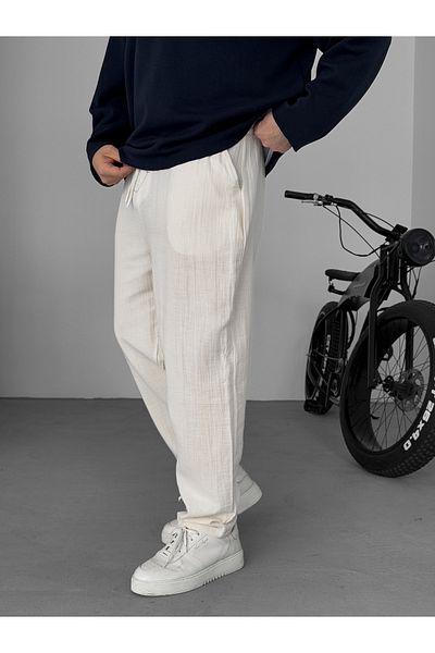 BYBASICMAN Beige Embroidered Muslin Fabric Trousers Yp-4012