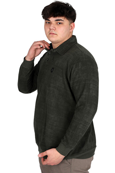 ModeXL Mode XL Büyük Beden Erkek Polo Yaka Sweatshirt Baskılı Selanik U24440 Haki