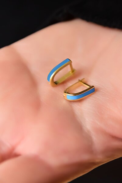 Papatya Silver 925 Ayar Gümüş Gold Kaplama Mavi Mineli Dikdörtgen Halka Küpe