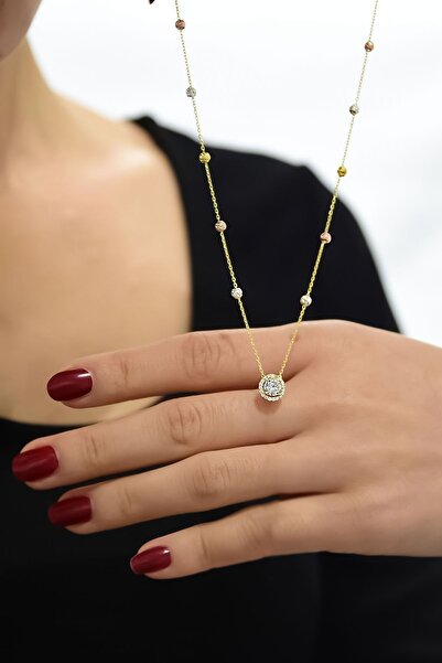 Papatya Silver 925 Ayar Gümüş Gold Kaplama Üç Renk Dorika Toplu Zirkon Tektaş Kolye