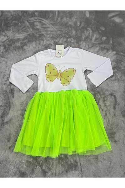 NEWKİDS 4-8 Years Old Butterfly Printed Skirt Tulle Girl's Dress