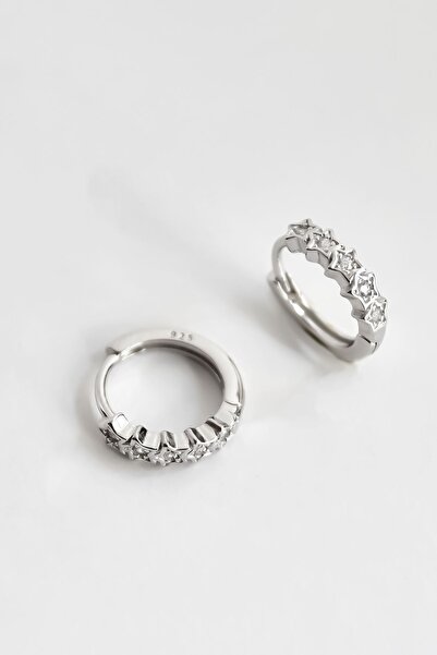 Papatya Silver 925 Ayar Gümüş Rodyum Zirkon Taşlı Yarımtur Yıldız Halka Küpe