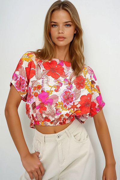 VAGGON Women Coral Boat Neck Flower Pattern Woven Blouse Prmx13795