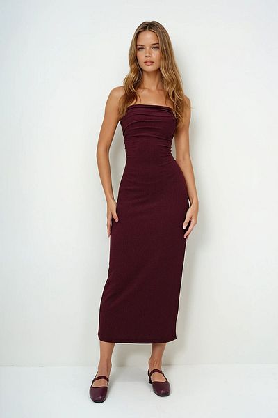 VAGGON Γυναικείο φόρεμα στράπλες από ύφασμα Plum Twist Prmx13413