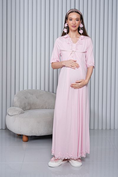 lohusahamile Powder Maternity Long Maternity Nightgown with Hidden Breastfeeding Feature 5033