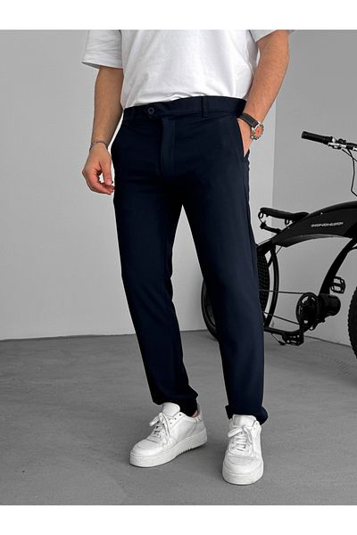 BYBASICMAN Navy Blue Slim Fit Fabric Trousers Ke-