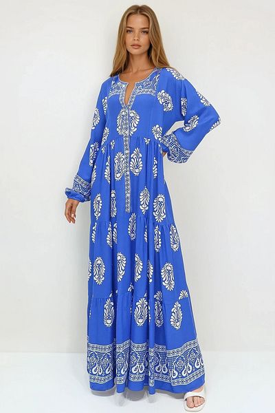 VAGGON فستان نسائي طويل بياقة شال منقوشة Prmx11593