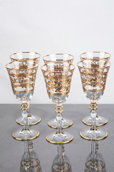 ARGKRİSTAL GOLD DETAYLI EL İŞLEMESİ 24 AYAR ALTIN 6LI MEŞRUBAT KADEHİ CAM PAŞABAHÇE MARKADIR SARMAŞIK