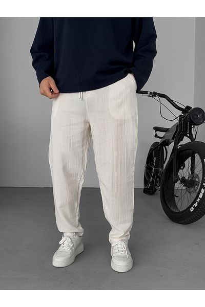 BYBASICMAN Beige Embroidered Muslin Fabric Trousers Yp-4012