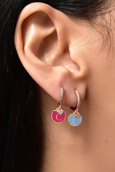 Papatya Silver 925 Ayar Gümüş Taşlı Kalp Figürlü Harfli Kadın Halka Küpe