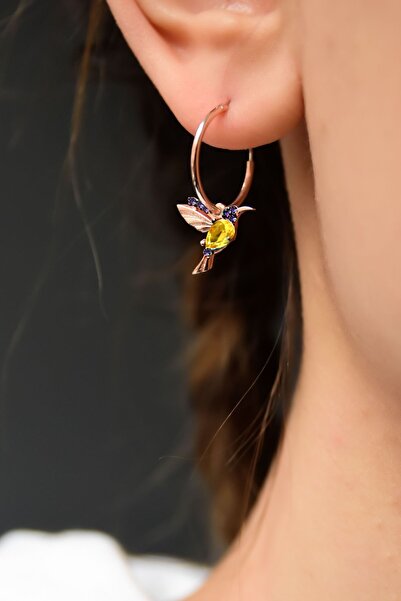 Papatya Silver 925 Ayar Gümüş Rose Kaplama Sarı Mor Taşlı Halka Kuş Küpe