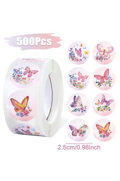 Choice H9008-25 500pcs/roll Butterfly Stickers Labels Stamps Round Butterfly Multicolor Envelopes Cute Clos
